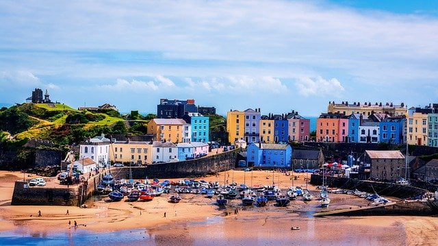 Tenby harbor views with colorful houses in Pembrokeshire 