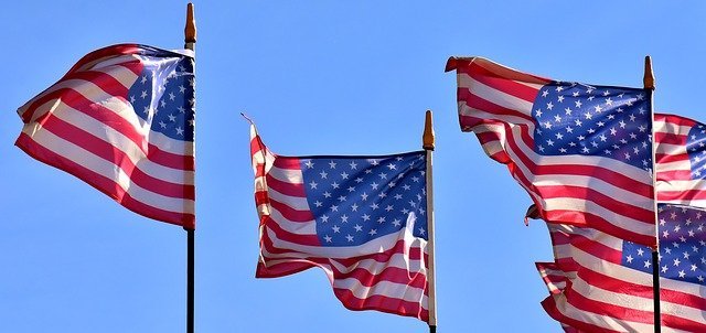 USA flags flapping in the wind